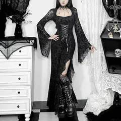 レディース クロスモチーフ フロッキープリント 長袖 ワンピース ダークテイスト セクシー 上品 ロング丈 ゴシック風 欧米スタイル 秋冬コーデ