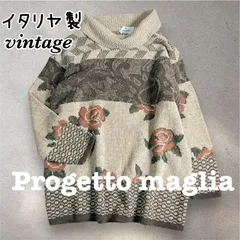 イタリア製　オールドヴィンテージ　Progetto maglia レトロローズ　オフタートルネック　ニット　チュニック　ワンピース　金ラメ糸　M〜Lサイズ　L0136