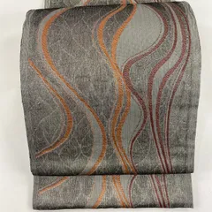 【在庫一掃】 袋帯 美品 秀品 流水 幾何学 銀糸 箔 銀色 六通 正絹 【中古】