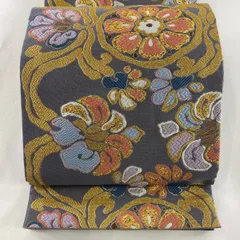 【在庫一掃】 袋帯 美品 名品 唐草彩花文 刺繍 金糸 青灰色 六通 正絹 【中古】