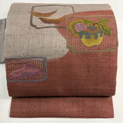 【在庫一掃】 名古屋帯 秀品 紬地 生り物 刺繍 相良刺繍 灰紫 正絹 【中古】