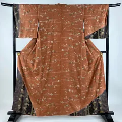 【在庫一掃】 付下げ 身丈158.5cm 裄丈66cm M 袷 桜 縞 金彩 ぼかし 赤茶 正絹 秀品 【中古】