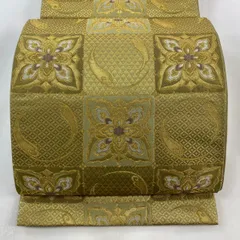 【在庫一掃】 袋帯 秀品 華文 七宝 箔 金糸 鶯色 全通 正絹 【中古】