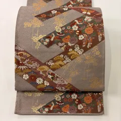 【在庫一掃】 袋帯 美品 秀品 草花 鳥 刺繍 箔 灰茶 六通 正絹 【中古】