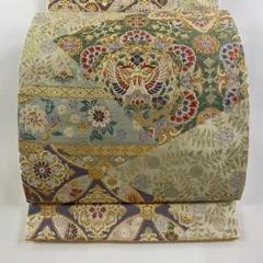 【在庫一掃】 袋帯 美品 名品 向かい鳥 七宝 金糸 箔 薄黄 六通 正絹 【中古】