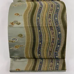 【在庫一掃】 袋帯 名品 花唐草 雲文 金糸 灰緑 六通 正絹 【中古】