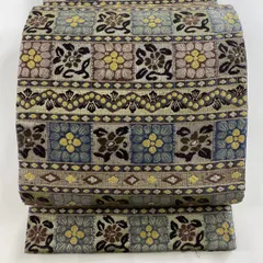 【在庫一掃】 袋帯 名品 草花 段縞 刺繍 金銀糸 灰色 六通 正絹 【中古】