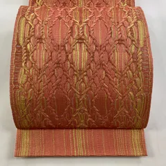 【在庫一掃】 袋帯 美品 名品 縞 幾何学 金糸 サーモンピンク 全通 正絹 【中古】