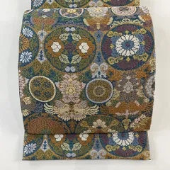 【在庫一掃】 【美品】 袋帯 名品 華文 向かい鳥 唐織 箔 青緑 六通 正絹 【中古】