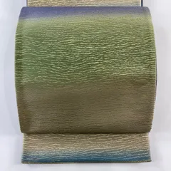 【在庫一掃】 【美品】 袋帯 名品 よろけ縞 段縞 箔 ぼかし 青緑 全通 正絹 【中古】