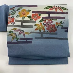 【在庫一掃】 付け帯 名品 作り帯 草花 ぼかし 縮緬 青灰色 正絹 【中古】
