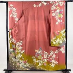 【在庫一掃】 振袖 身丈155cm 裄丈62.5cm S 袷 花籠 草花 金銀彩 刺繍 ピンク 正絹 名品 【中古】