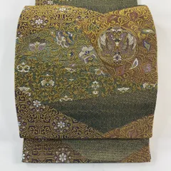 【在庫一掃】 【美品】 袋帯 名品 向かい鳥 草花 金糸 灰緑 六通 正絹 【中古】