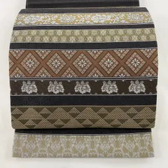 【在庫一掃】 【美品】 袋帯 名品 段縞 草花 焦茶色 六通 正絹 【中古】