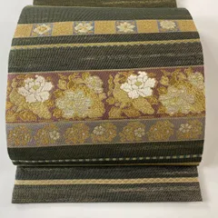 【在庫一掃】 【美品】 袋帯 名品 花唐草 縞 金糸 茶緑色 六通 正絹 【中古】