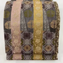 【在庫一掃】 【美品】 袋帯 名品 向かい鳥 華文 灰色 六通 正絹 【中古】