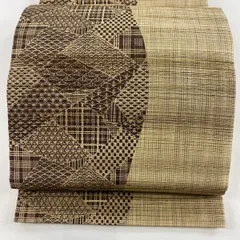 【在庫一掃】 【美品】 袋帯 名品 柿渋染 格子 青海波 薄茶色 全通 正絹 【中古】