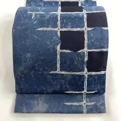 【在庫一掃】 【美品】 袋帯 名品 格子柄 銀糸 紺色 六通 正絹 【中古】