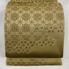 【在庫一掃】 【美品】 袋帯 名品 華文 金糸 箔 鶯色 六通 正絹 【中古】
