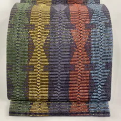 【在庫一掃】 【美品】 袋帯 名品 幾何学模様 金彩 刺繍 灰紫 六通 正絹 【中古】