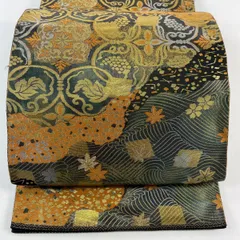 【在庫一掃】 袋帯 名品 服部織物 落款 こはく錦 二重箔織 手工芸 関西仕立て 華文 葡萄唐草 金糸 箔 灰緑 六通 正絹 【中古】