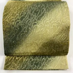 【在庫一掃】 【美品】 袋帯 名品 斜縞 幾何学 銀糸 緑 六通 正絹 【中古】