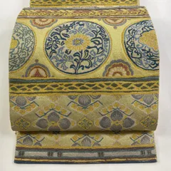 【在庫一掃】 【美品】 袋帯 名品 丸文 草花 金糸 箔 金色 六通 正絹 【中古】