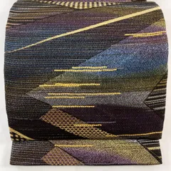 【在庫一掃】 【美品】 袋帯 名品 幾何学模様 格子 金糸 紫 全通 正絹 【中古】