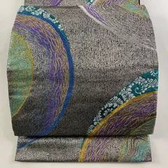 【在庫一掃】 袋帯 名品 唐草 幾何学模様 銀糸 箔 銀色 六通 正絹 【中古】
