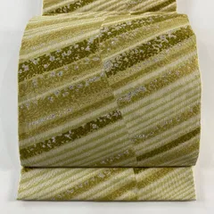 【在庫一掃】 袋帯 名品 斜縞 幾何学模様 金銀糸 ベージュ 六通 正絹 【中古】