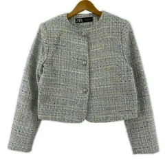 ZARA ザラ ノーカラー ツイードジャケット sizeEUR XS/グレー×ブルー系