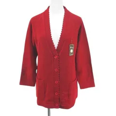ダイヤモンド毛糸 長袖 カーディガン ニット L 赤系 レッド ポケット 毛 ウール 無地 タグ付