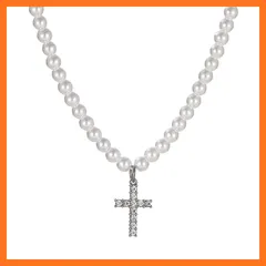 【新品】 [Rockyu] ネックレス メンズ シルバー 真珠 幅6 8 10mm パールチェーン 十字架ネックレス ジルコニア キラキラ クロスペンダント チタン製 金属アレルギー対応 友達 誕生日 パーティー ファッション アクセサリー (幅10mm- 0