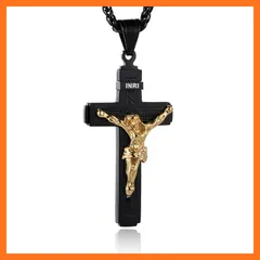 【新品】 [HZMAN] カトリック イエス・キリスト インリ 十字架 ゴールド シルバートーン ステンレススチール ペンダントネックレス 22+2チェーン, ステンレス鋼 0