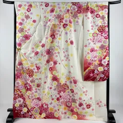 【在庫一掃】 振袖 身丈169.5cm 裄丈68.5cm L 袷 牡丹 桜 銀通し 箔 クリーム 正絹 逸品 【中古】