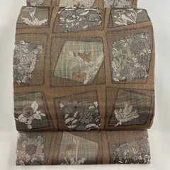 【在庫一掃】 袋帯 美品 秀品 草花 幾何学 銀糸 唐織 灰茶 六通 正絹 【中古】