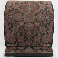 【在庫一掃】 袋帯 秀品 関西仕立て 花 幾何学 箔 焦茶色 全通 正絹 【中古】