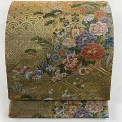 【在庫一掃】 袋帯 美品 秀品 花鳥 和楽器 金糸 箔 金色 六通 正絹 【中古】