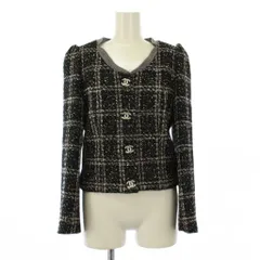 シャネル CHANEL uniform ノーカラージャケット アウター ショート丈 ツイード スパンコール ココボタン ココマーク ロゴ ウール シルク 36 黒 ブラック /BBのサムネイル