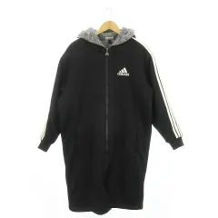 アディダス adidas ヴィンテージ デサントタグ ベンチコート 中綿 ジップアップ ジャージー生地 フーディ 内側ボア 内側キルティング ロゴ刺繍 スリーストライプス スポーツ M-L 黒 ブラック /MN6 ■GY12