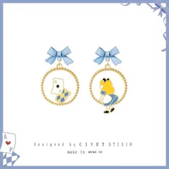 ブルーリボン×イラストモチーフサークルピアス レディース ガーリー 個性派 韓国デザイン 可愛い カジュアル デート 主役級 アクセサリー