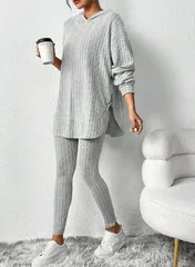 【グレー】セットアップ リブ ニット リブ素材 上下セット ルームウェア トップス レギンス 部屋着 春秋冬 きれいめ