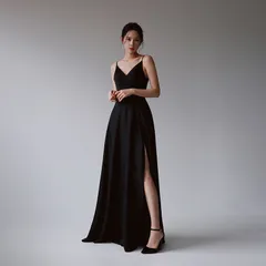 【新品・未使用】フレンチスタイルのストラップレスブラックウェディングドレス。フレンチウェディング、高級旅行写真、司会、宴会、トーストドレス。