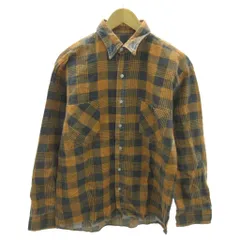 プリントネル フランネルシャツ チェック柄 長袖 USA製 M オレンジ 黒 ブラック 1211