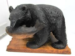 希少】北海道 民芸品 木彫り熊 親子 伝統工芸 鮭背負い熊 高さ38cm