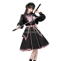 【特価】人気商品★ロリィタ服 ワンピース 軍服 ミリタリースカート 黒*ピンク ゴシック風 ベルト ネクタイ 学園風 超可愛い 制服 仮装 アニメ CCS129P091