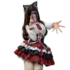 【特価】人気商品★小悪魔 ロリータ コスプレ ハロウィン 白 赤 JSK lolita かわいい ワンピース ネクタイ 4点セット フリル チェック柄 萌え 女の CCS129P097