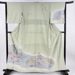 【在庫一掃】 訪問着 身丈159cm 裄丈64cm M 袷 風景 樹木 金彩 ぼかし 薄緑 正絹 秀品 【中古】