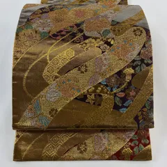 【在庫一掃】 袋帯 美品 秀品 振袖向き 草花 文字文 金糸 箔 金色 六通 正絹 【中古】