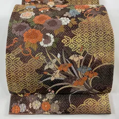 【在庫一掃】 袋帯 秀品 関西仕立て 花束 七宝 箔 唐織 茶紫 六通 正絹 【中古】